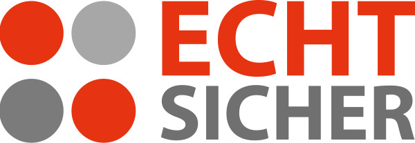 Logo mit den Worten "Echt Sicher" in Rot und Grau sowie grafischen Punkten in Rot und Grau.