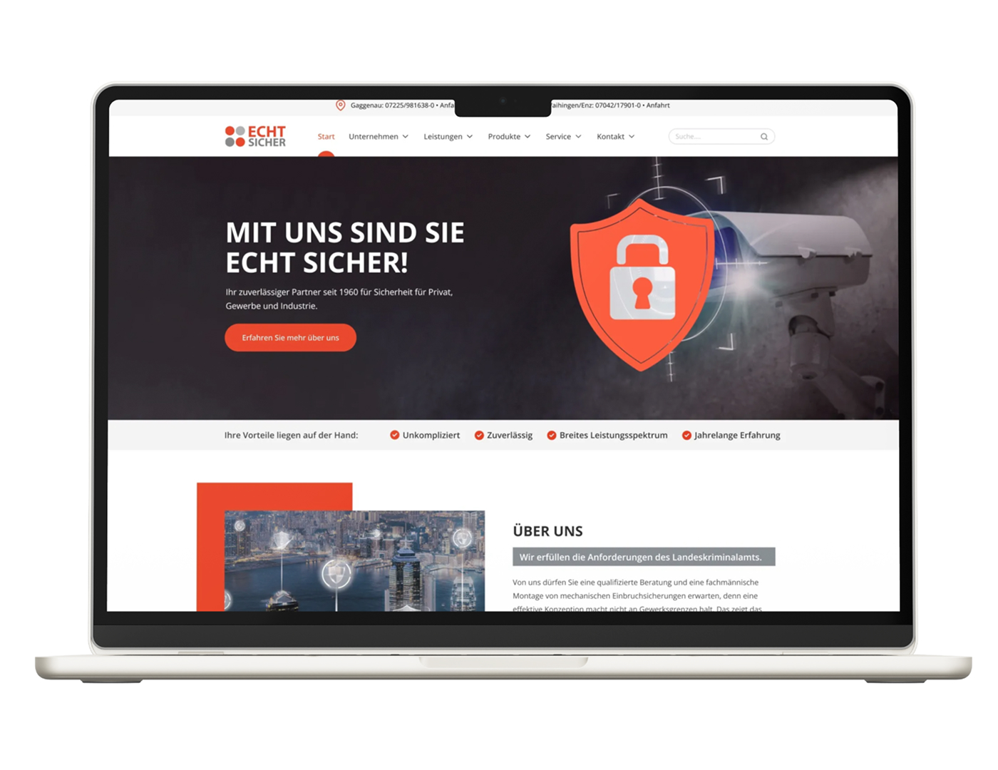 Website der Firma "Echt Sicher" für Sicherheitslösungen, zeigt Kamerasymbol und Sicherheitsversprechen.